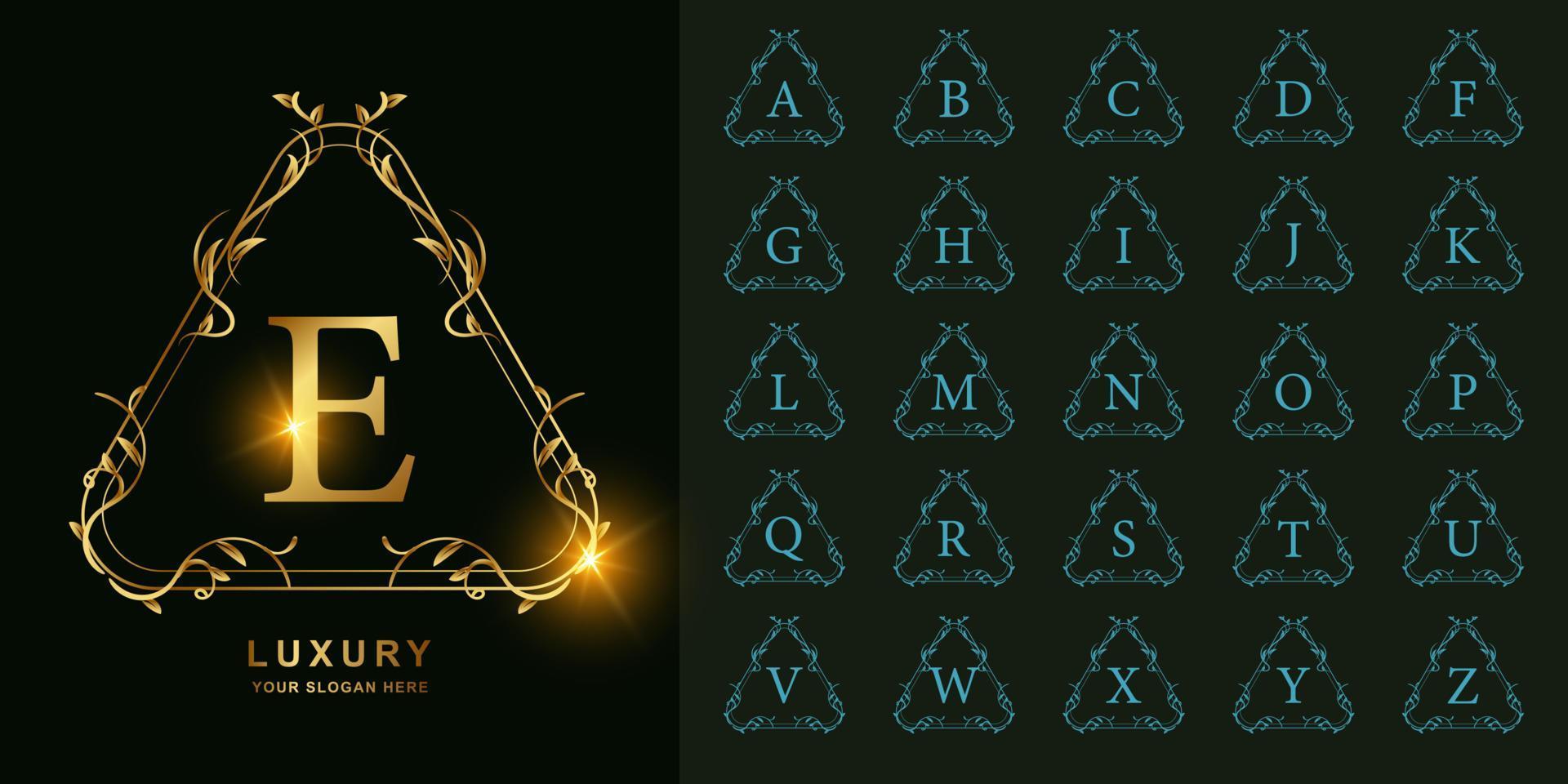 Letter E or collection initial alphabet with luxury ornament floral frame golden logo template. vector