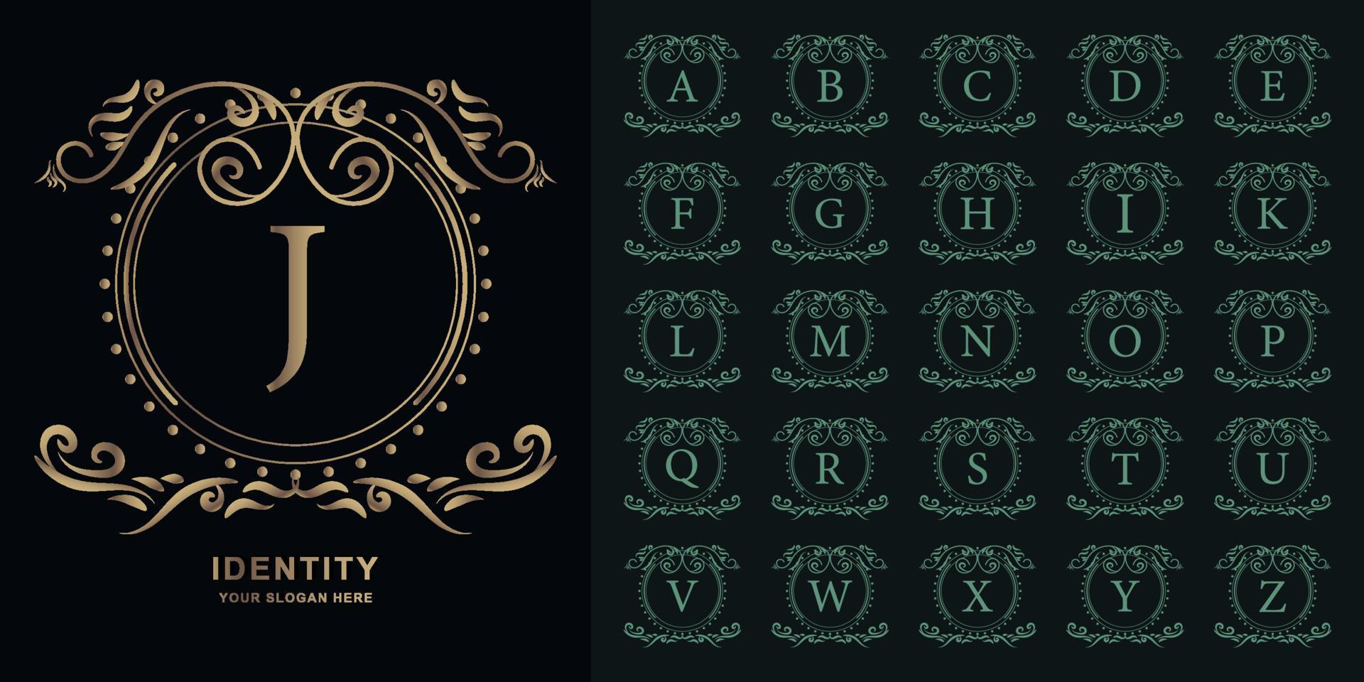 Letter J or collection initial alphabet with luxury ornament floral frame golden logo template. vector
