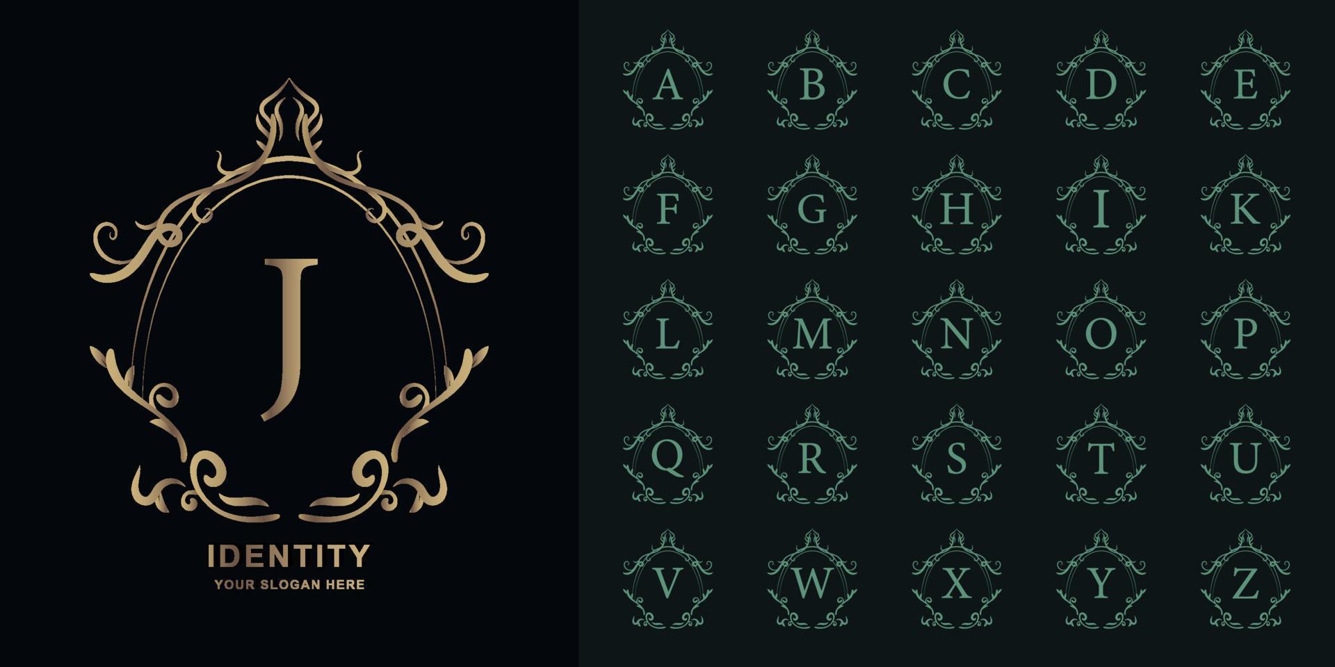 Letter J or collection initial alphabet with luxury ornament floral frame golden logo template. vector