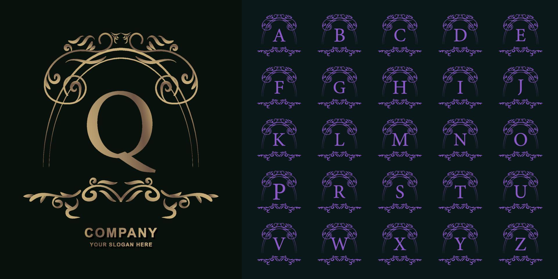 Letter Q or collection initial alphabet with luxury ornament floral frame golden logo template. vector