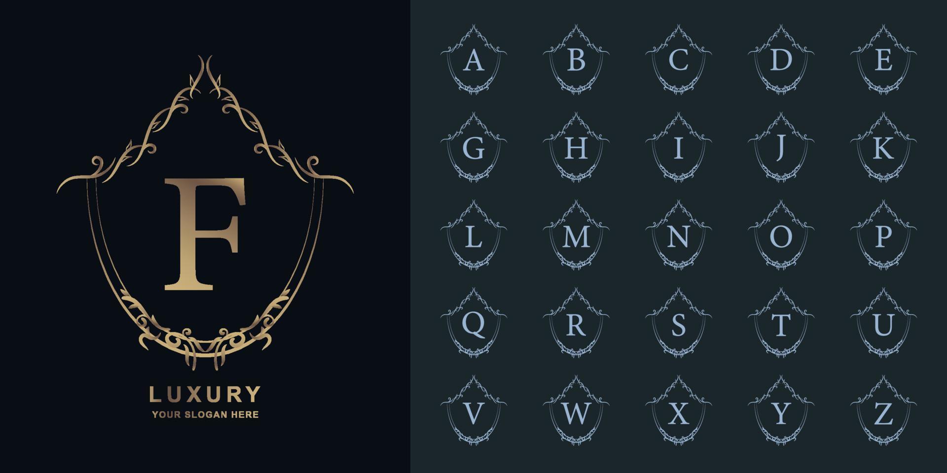 Letter F or collection initial alphabet with luxury ornament floral frame golden logo template. vector