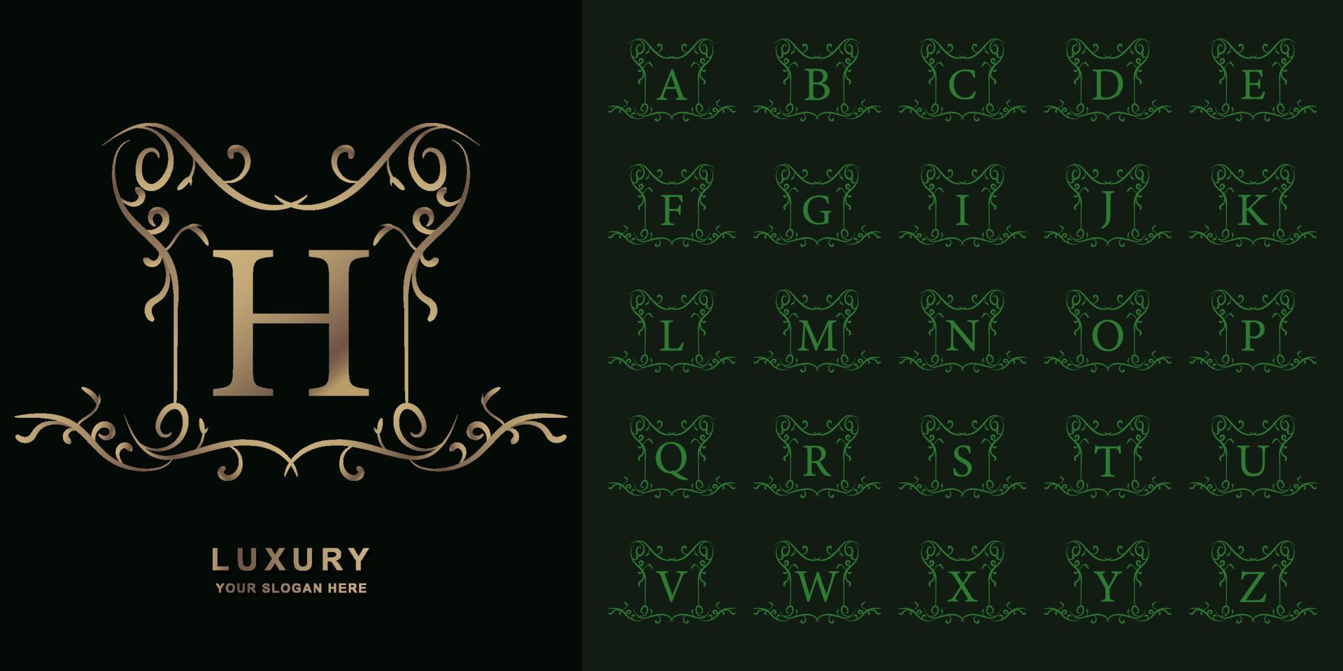 Letter H or collection initial alphabet with luxury ornament floral frame golden logo template. vector