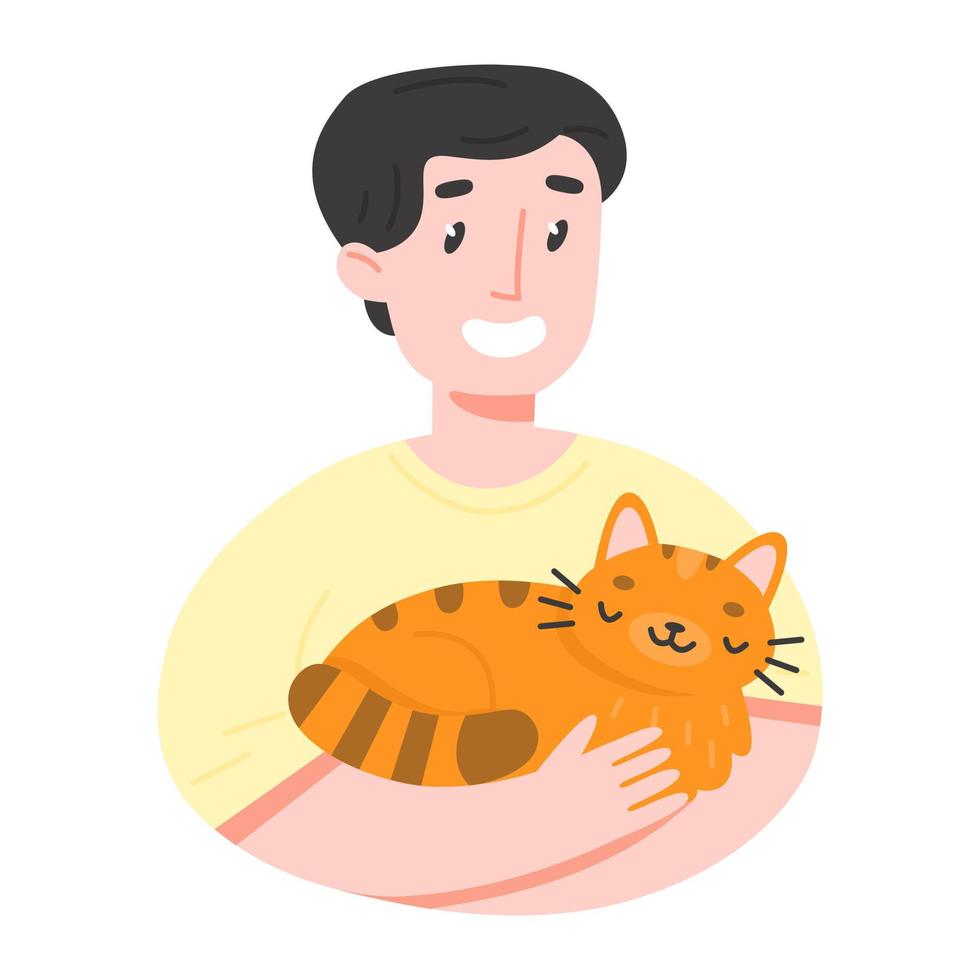 feliz dueño de una mascota con un gato en sus brazos. ilustración vectorial en estilo plano de dibujos animados aislado sobre fondo blanco. vector