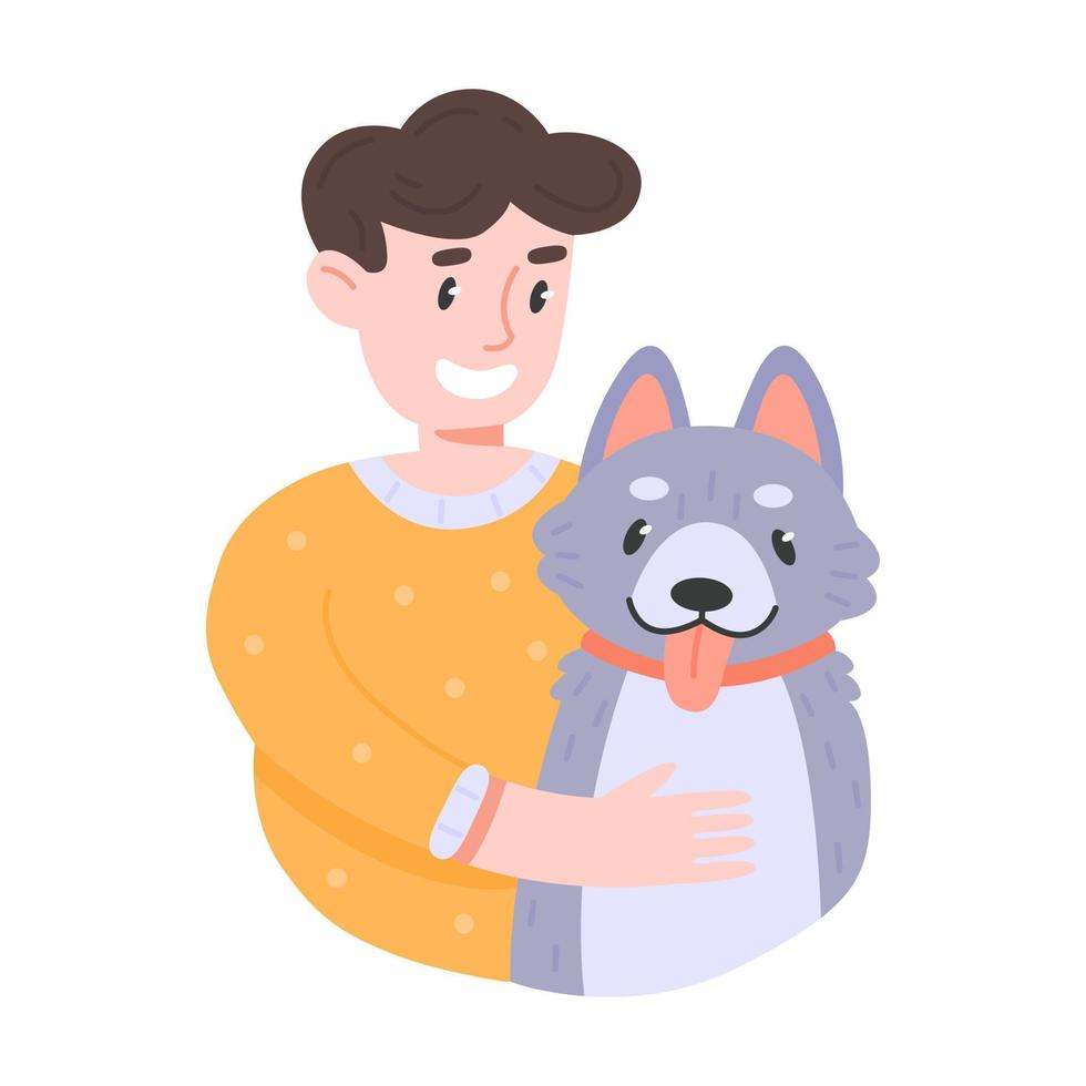 Young smiling man hugs his pet dog. The pet owner loves his dog. Vector illustration isolated on background.