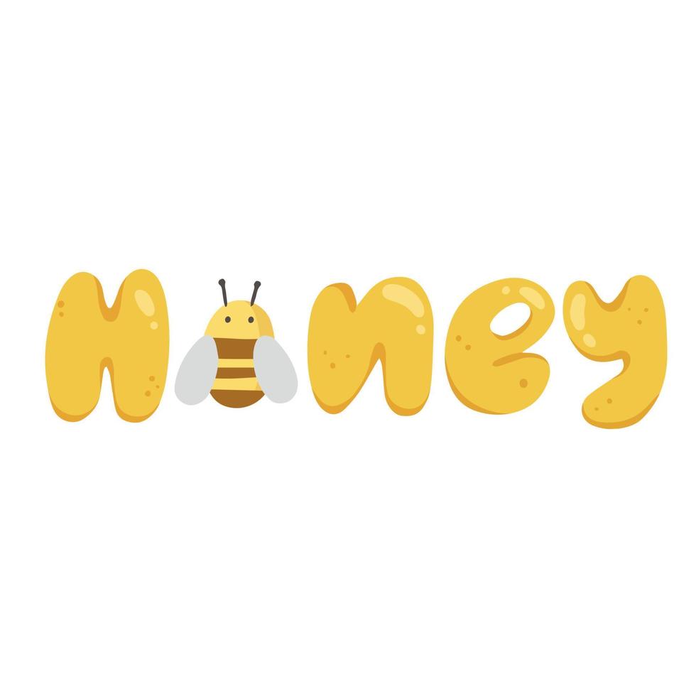 The inscription honey with a bee instead of the letter o. Cute vector illustration in cartoon style isolated on white background.