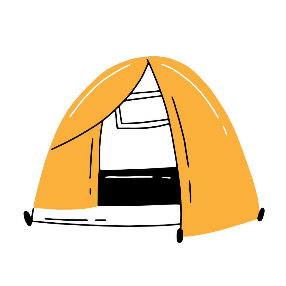 Linear flat doodle style camping tent. Vector illustration.