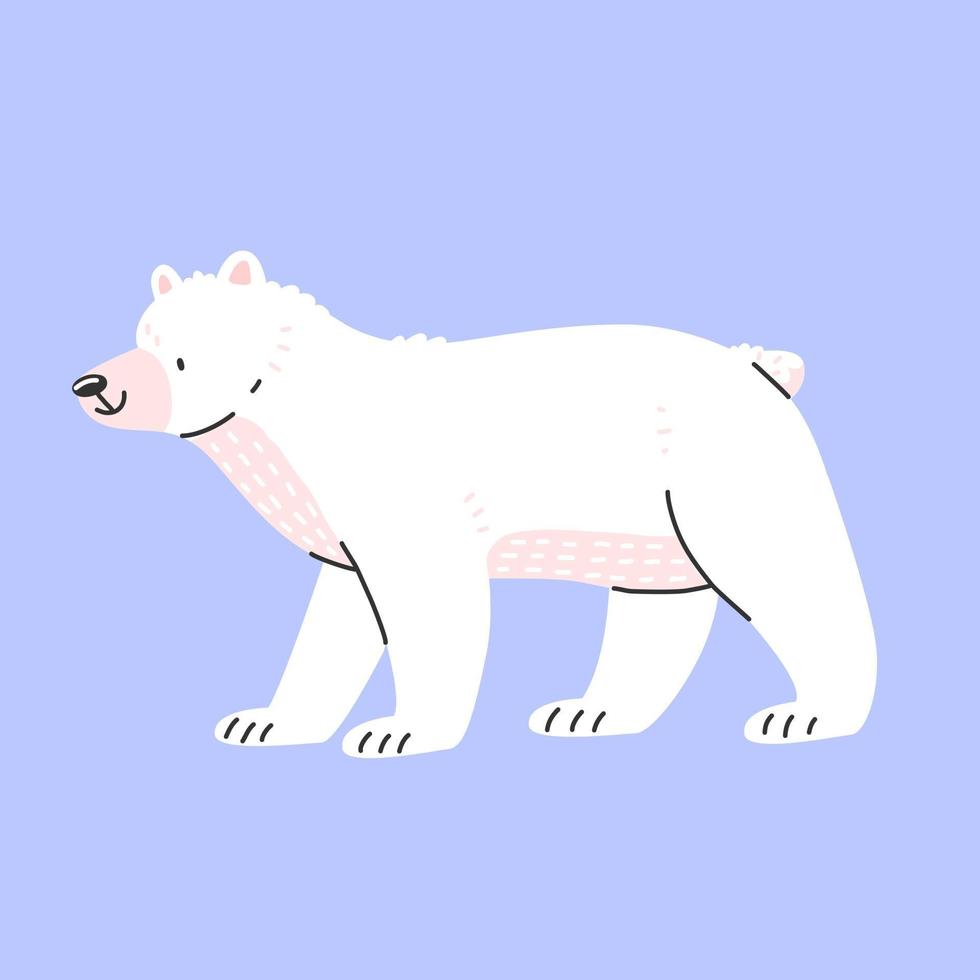 Cute polar bear in cartoon style is standing. Vector isolated illustration with an animal.