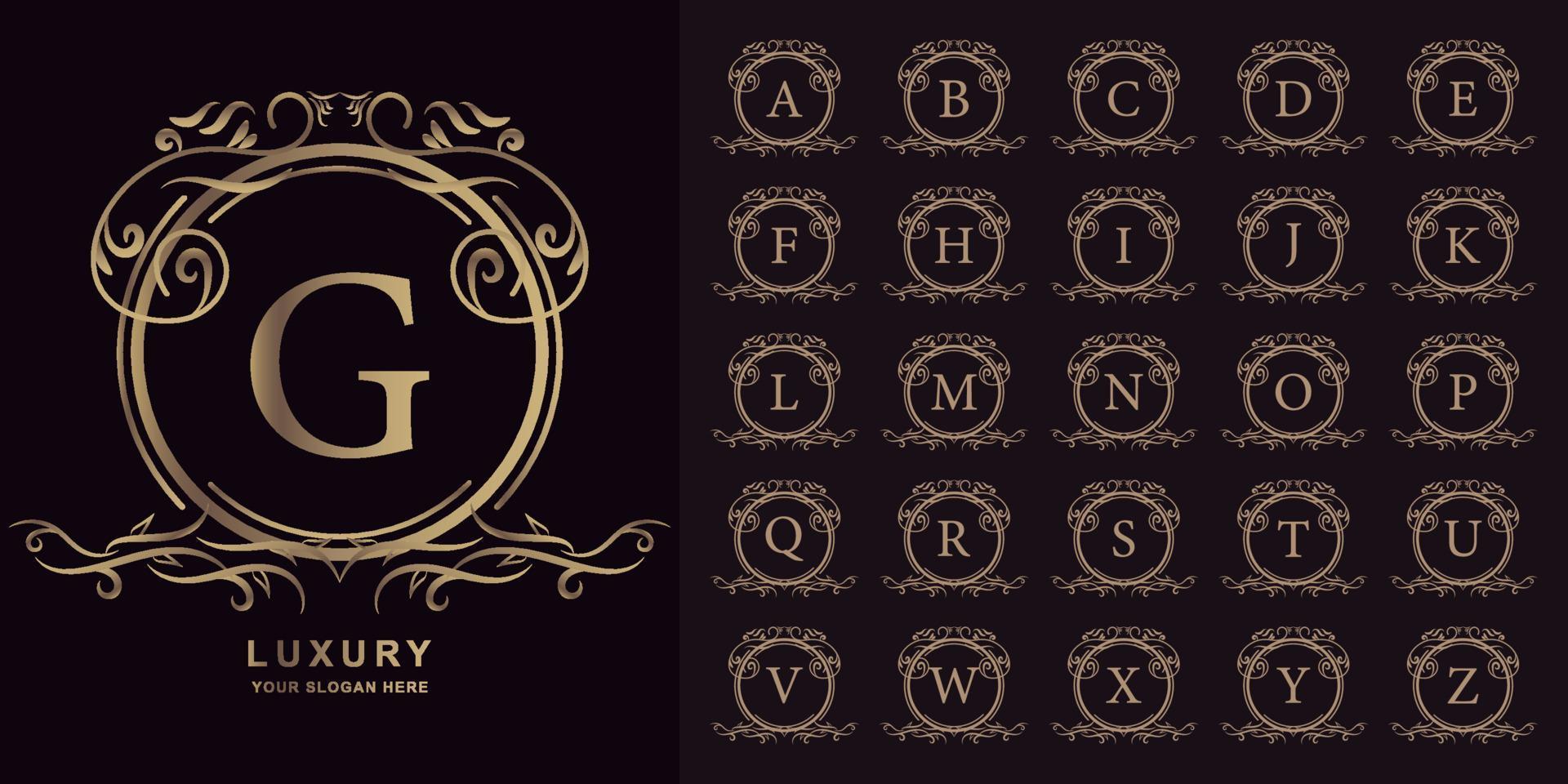 Letter G or collection initial alphabet with luxury ornament floral frame golden logo template. vector