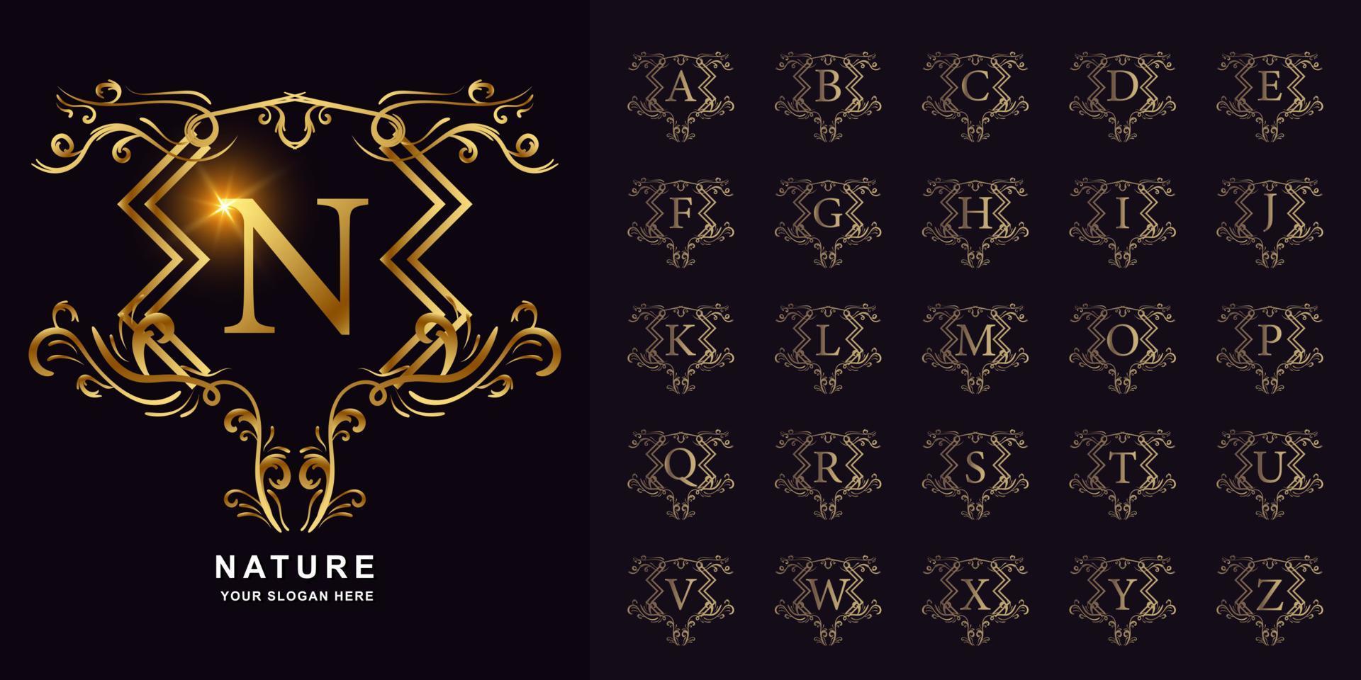 Letter N or collection initial alphabet with luxury ornament floral frame golden logo template. vector