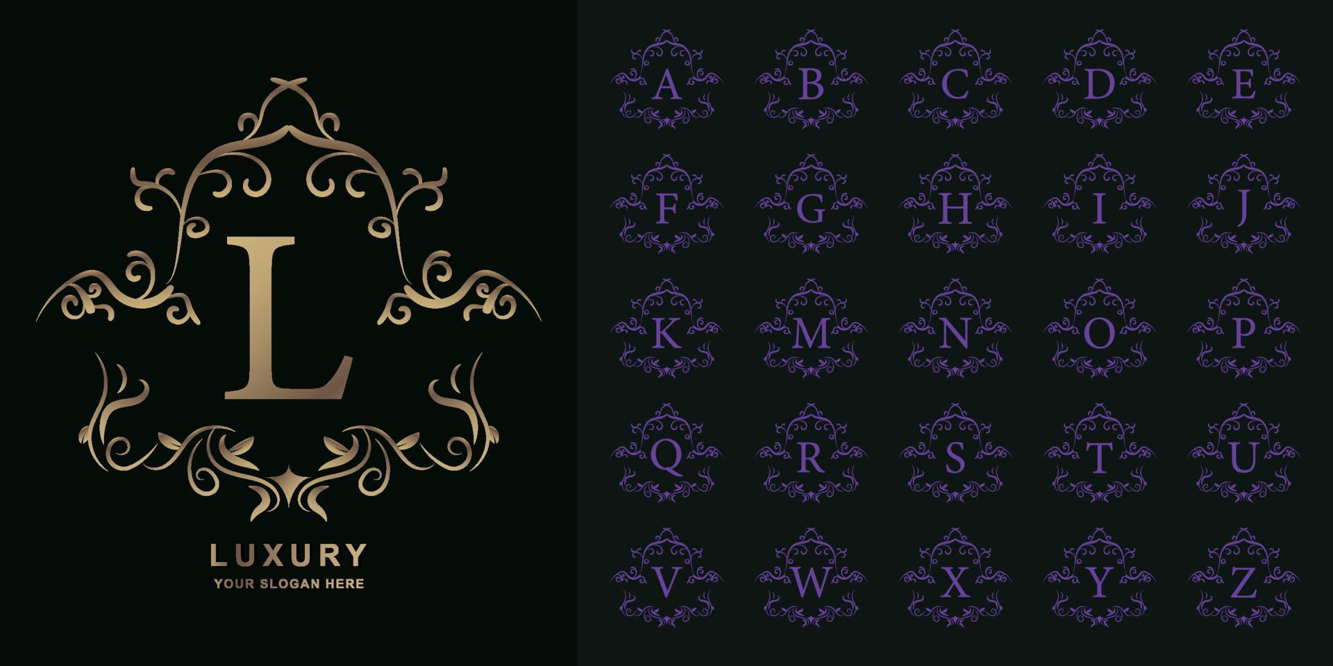 Letter L or collection initial alphabet with luxury ornament floral frame golden logo template. vector
