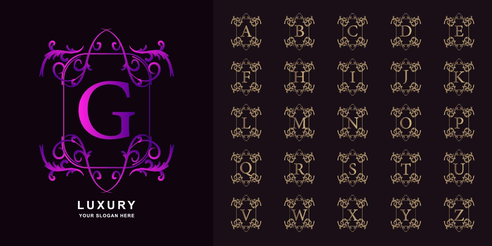 Letter G or collection initial alphabet with luxury ornament floral frame golden logo template. vector