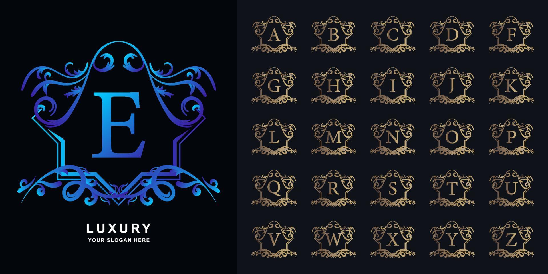 Letter E or collection initial alphabet with luxury ornament floral frame golden logo template. vector