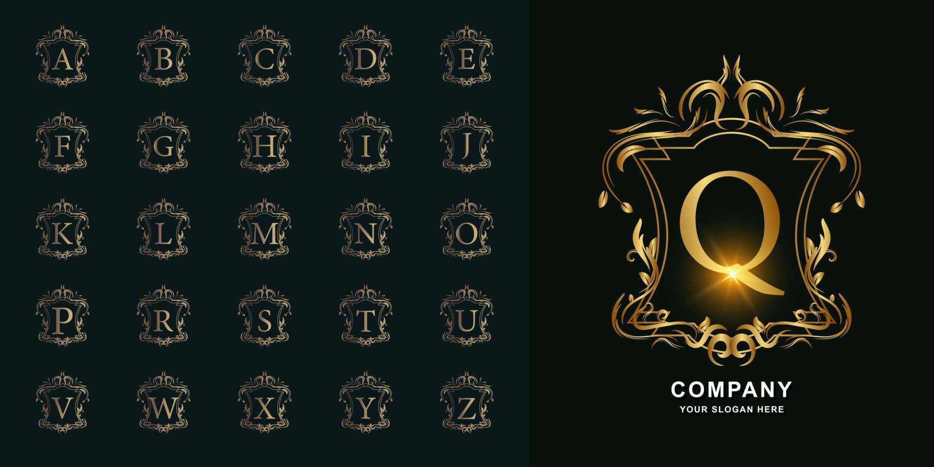 Letter Q or collection initial alphabet with luxury ornament floral frame golden logo template. vector