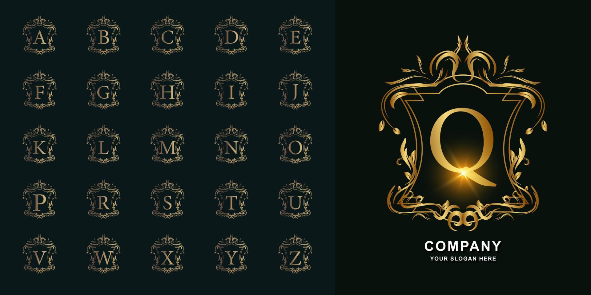 letra q o alfabeto inicial de colección con plantilla de logotipo dorado de marco floral de adorno de lujo. vector