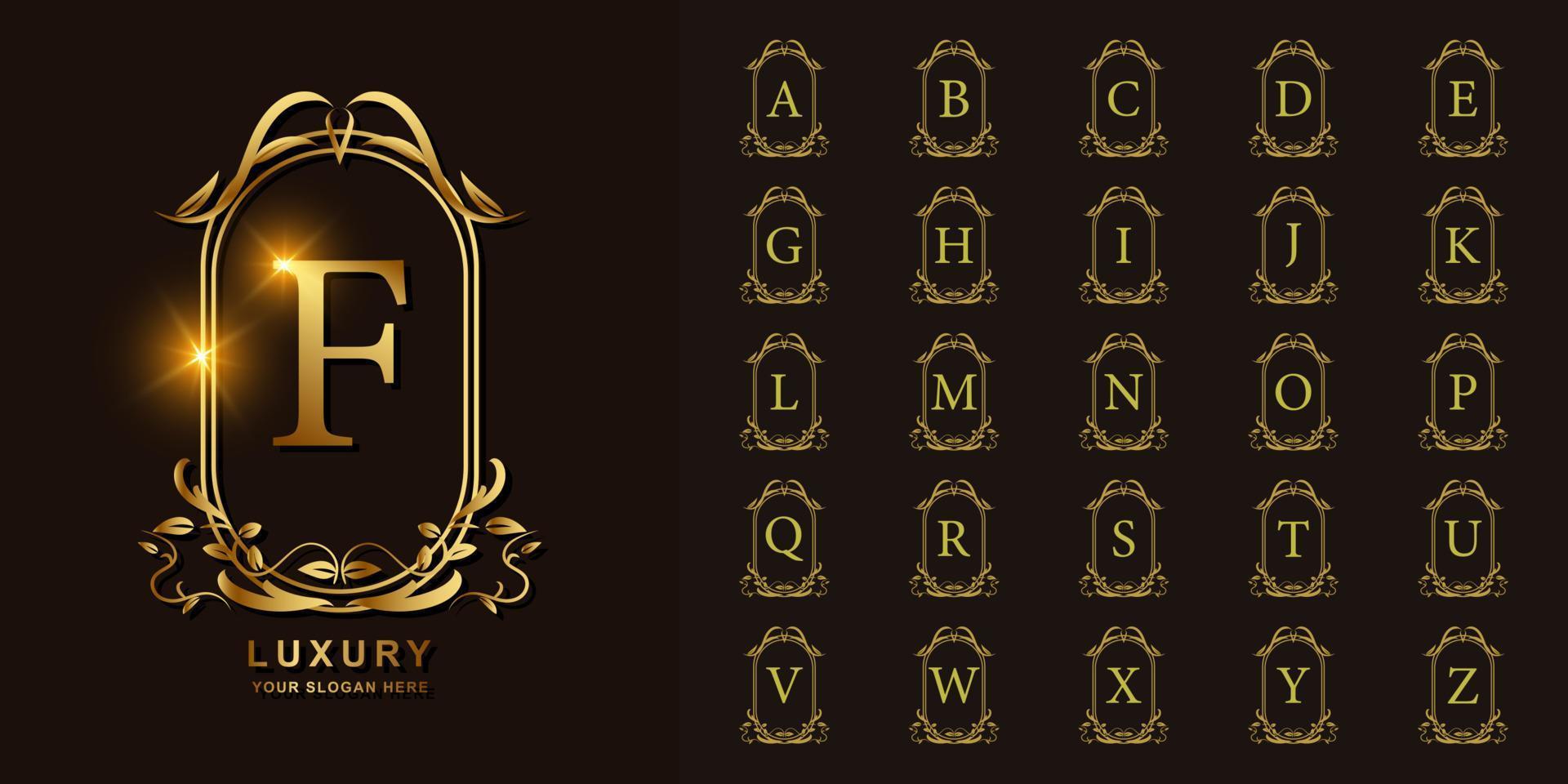 Letter F or collection initial alphabet with luxury ornament floral frame golden logo template. vector