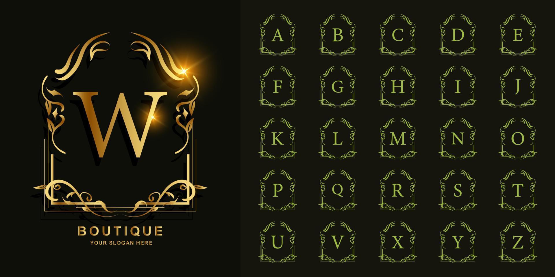 Letter W or collection initial alphabet with luxury ornament floral frame golden logo template. vector