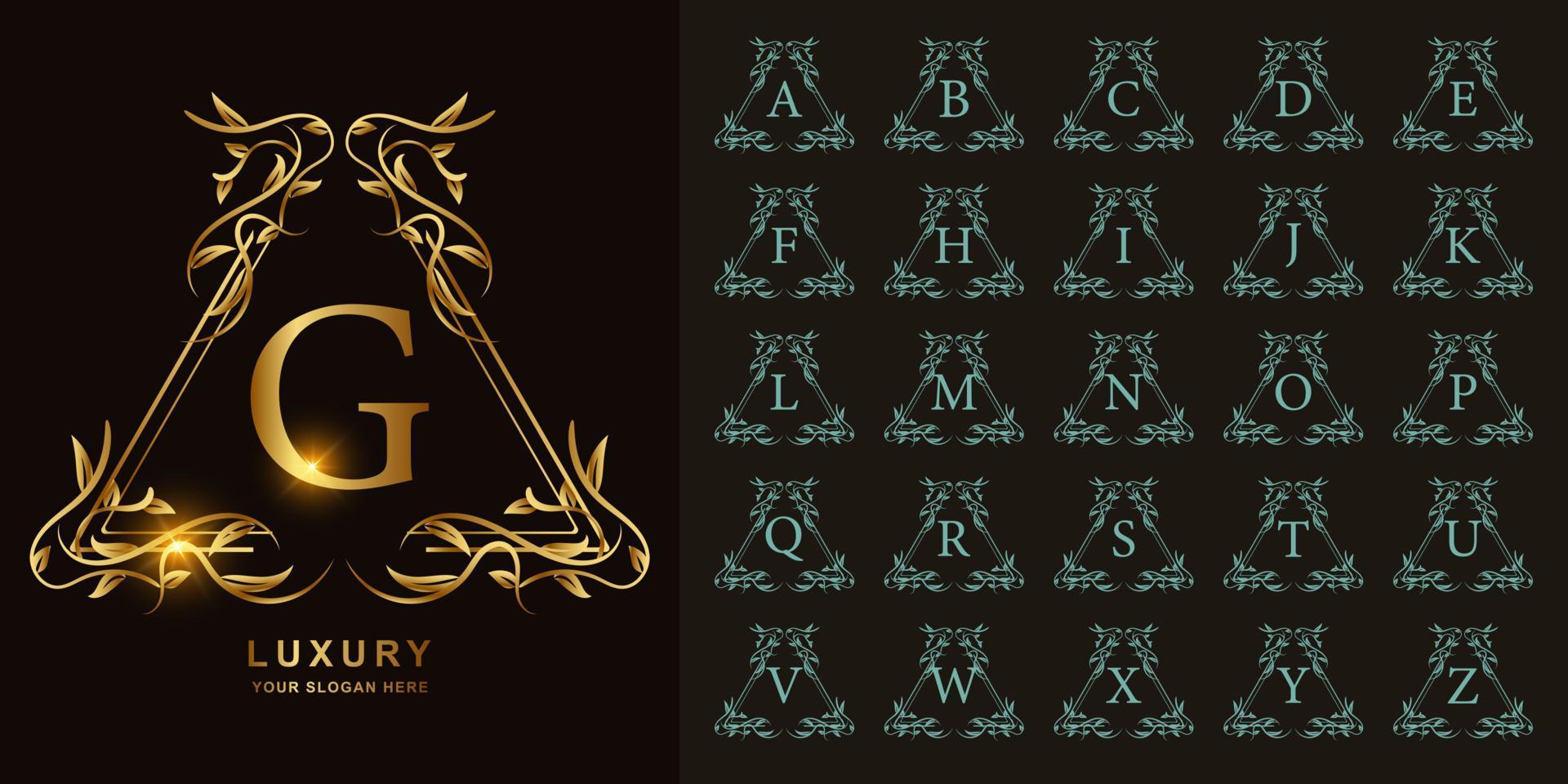 Letter G or collection initial alphabet with luxury ornament floral frame golden logo template. vector