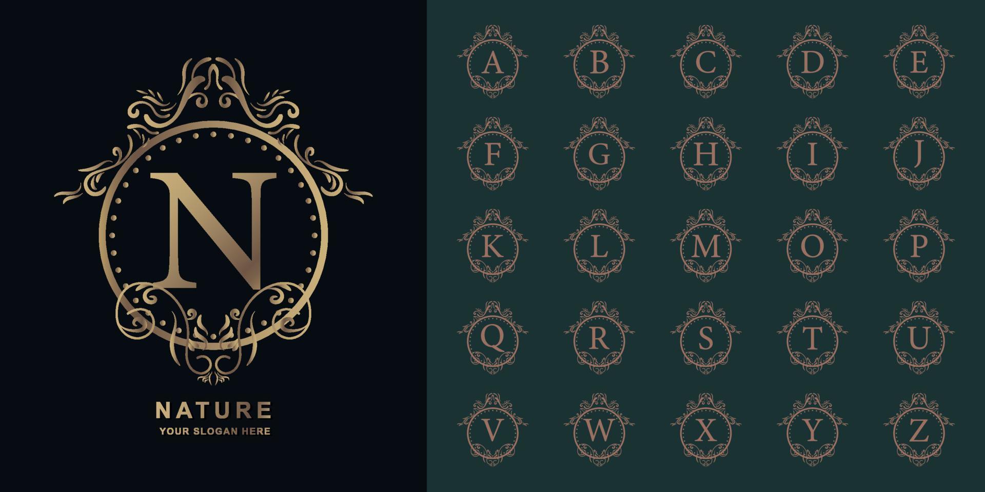 Letter N or collection initial alphabet with luxury ornament floral frame golden logo template. vector