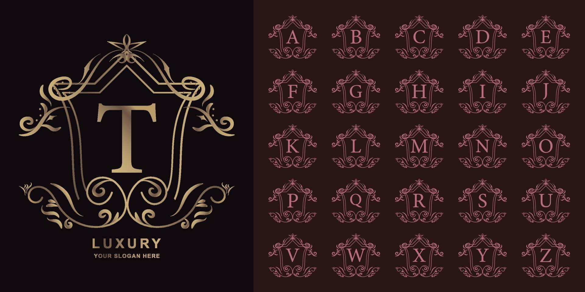 letra t o alfabeto inicial de colección con plantilla de logotipo dorado de marco floral de adorno de lujo. vector