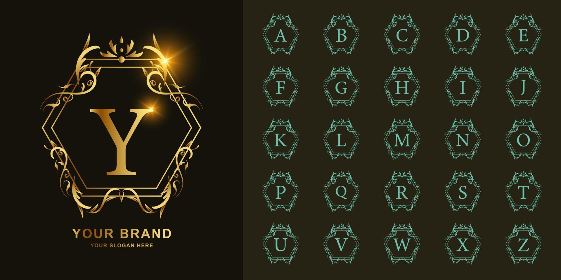Letter Y or collection initial alphabet with luxury ornament floral frame golden logo template. vector