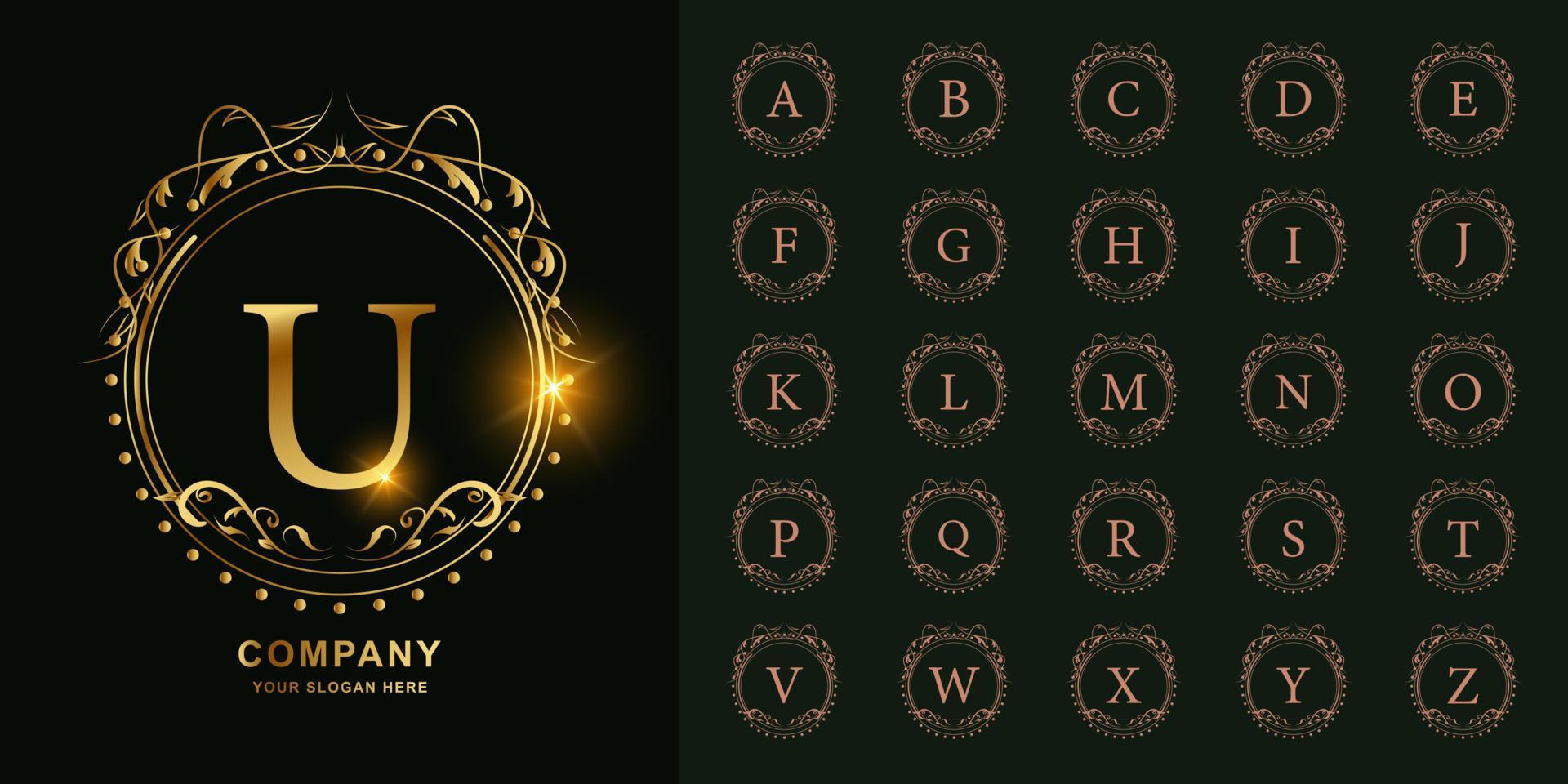 Letter U or collection initial alphabet with luxury ornament floral frame golden logo template. vector