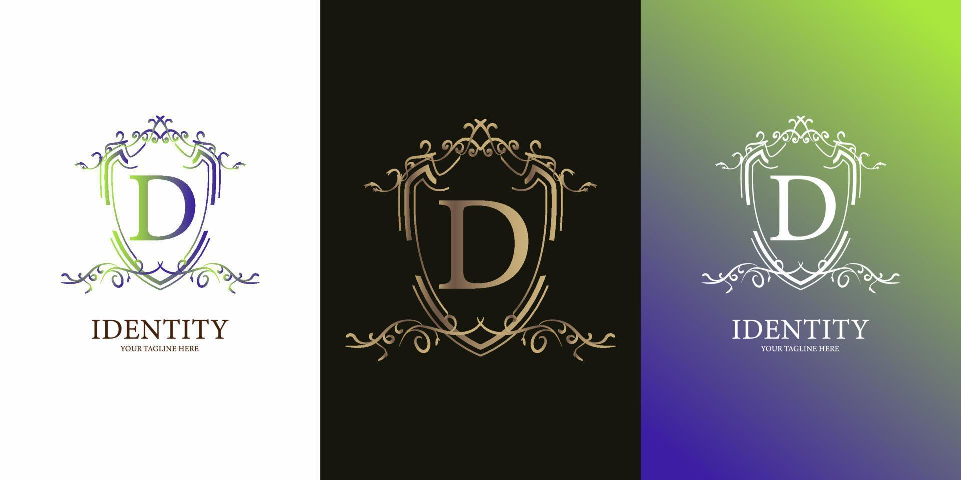 Letter D initial alphabet with luxury ornament floral frame logo template. vector