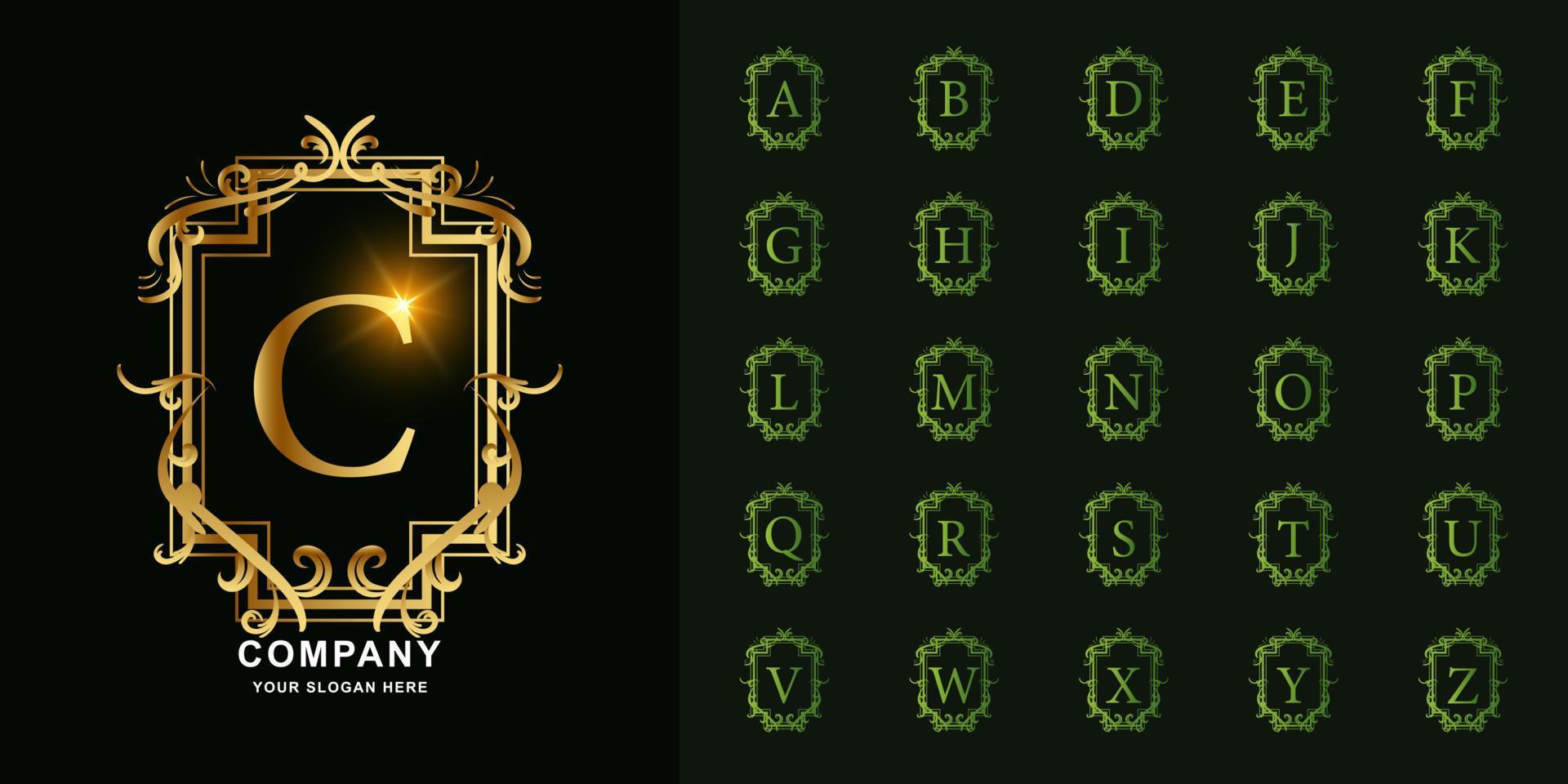 Letter C or collection initial alphabet with luxury ornament floral frame golden logo template. vector