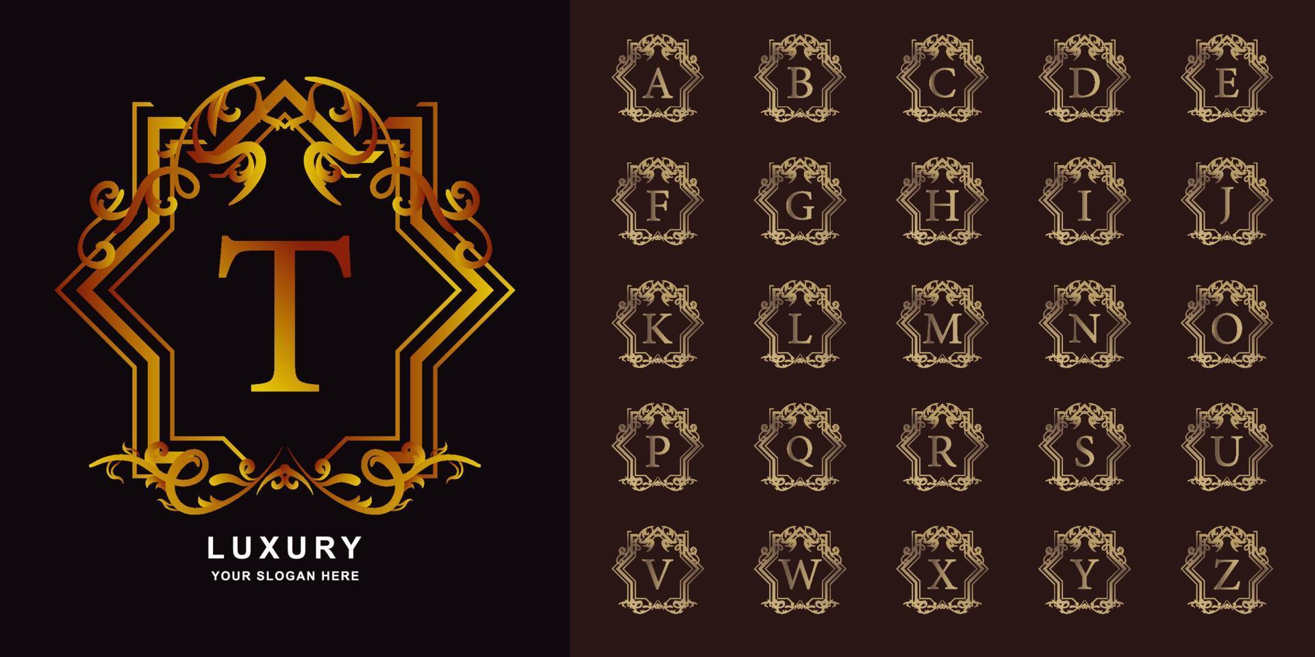 letra t o alfabeto inicial de colección con plantilla de logotipo dorado de marco floral de adorno de lujo. vector