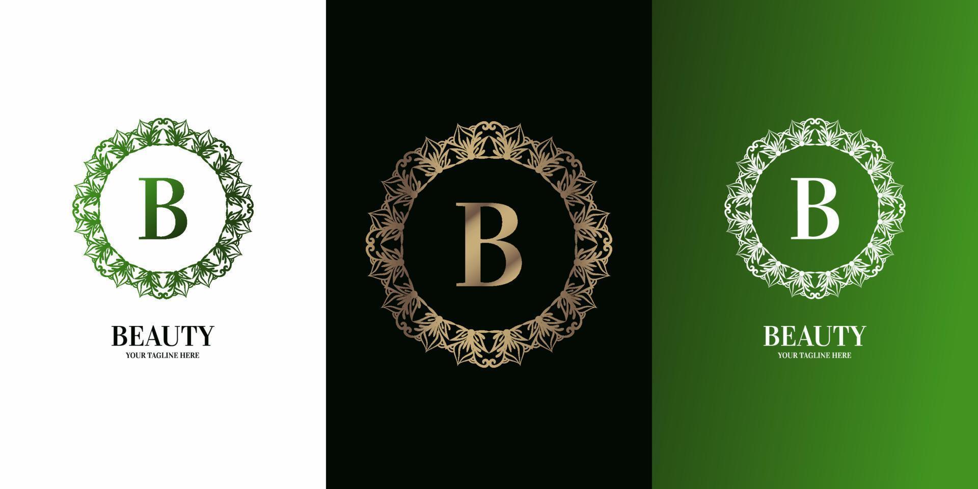 letra b alfabeto inicial con plantilla de logotipo de marco floral de adorno de lujo. vector