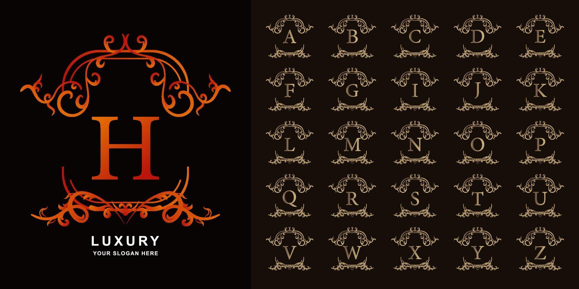 Letter H or collection initial alphabet with luxury ornament floral frame golden logo template. vector