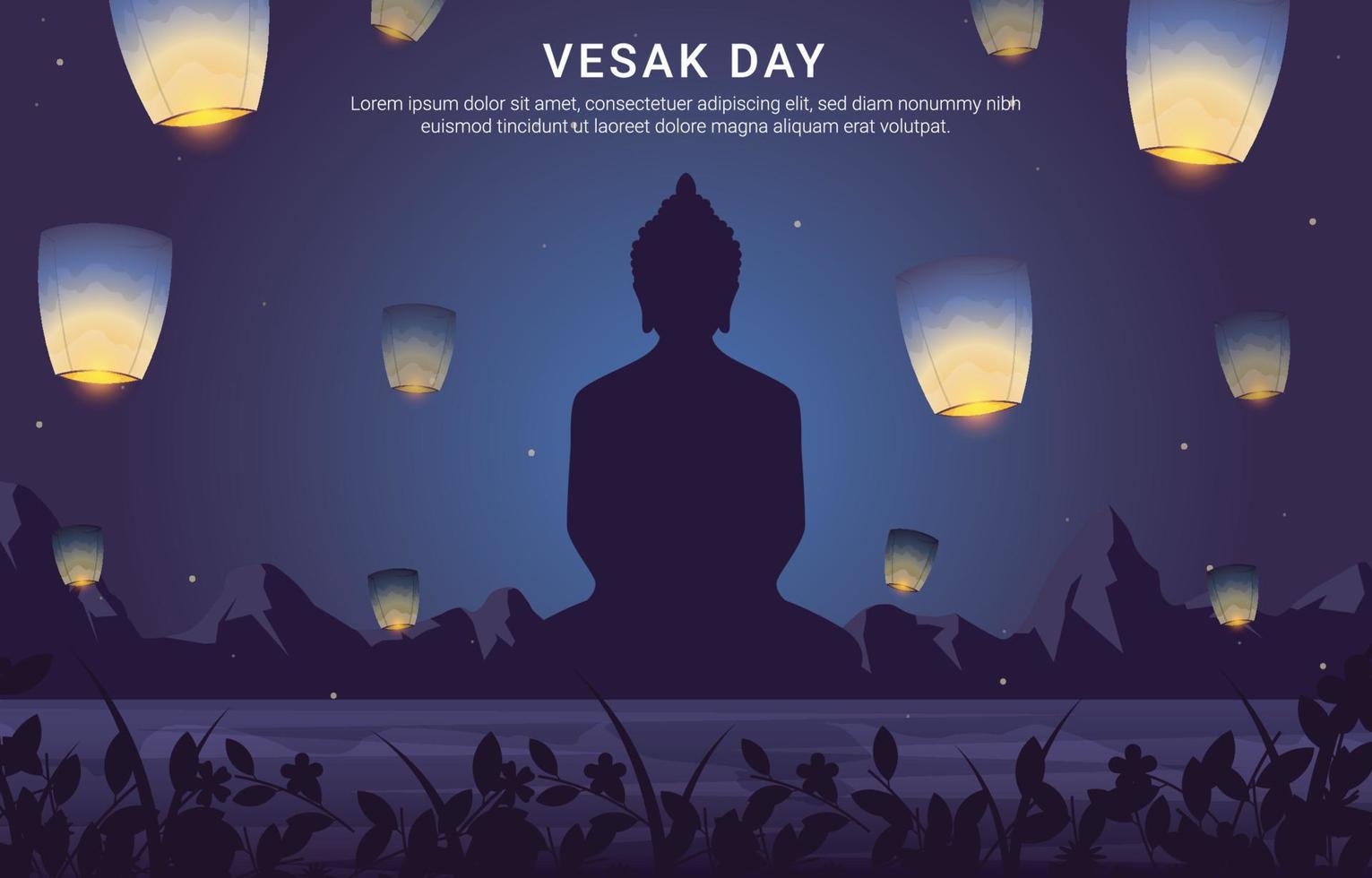 fondo vesak con silueta siddhartha gautama y linterna vector