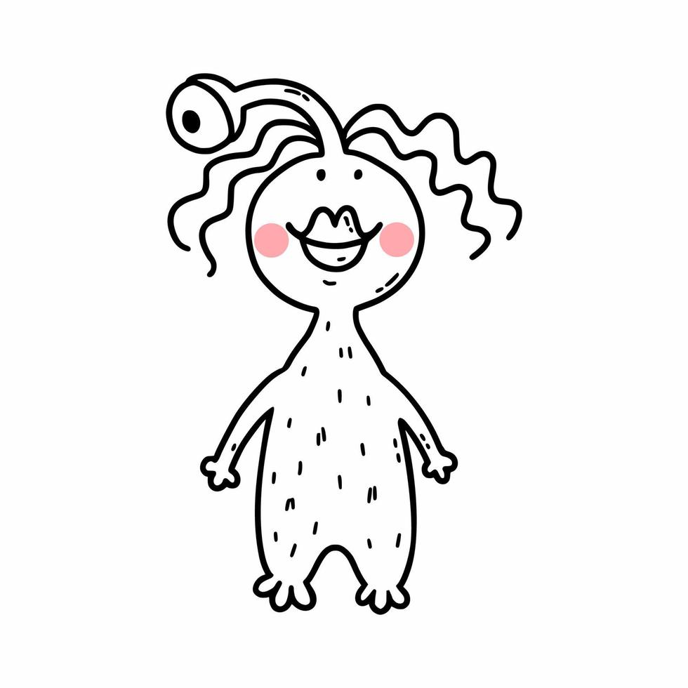 Cute monster girl. Vector  doodle illustration for child. Contour drawing in  hand drawn style. Coloring book.