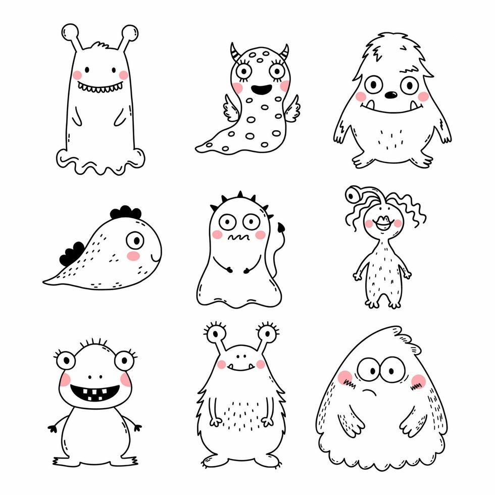 Cute monster. Set of doodle illustration. Coloring book for kids. Postcard decor element. vector