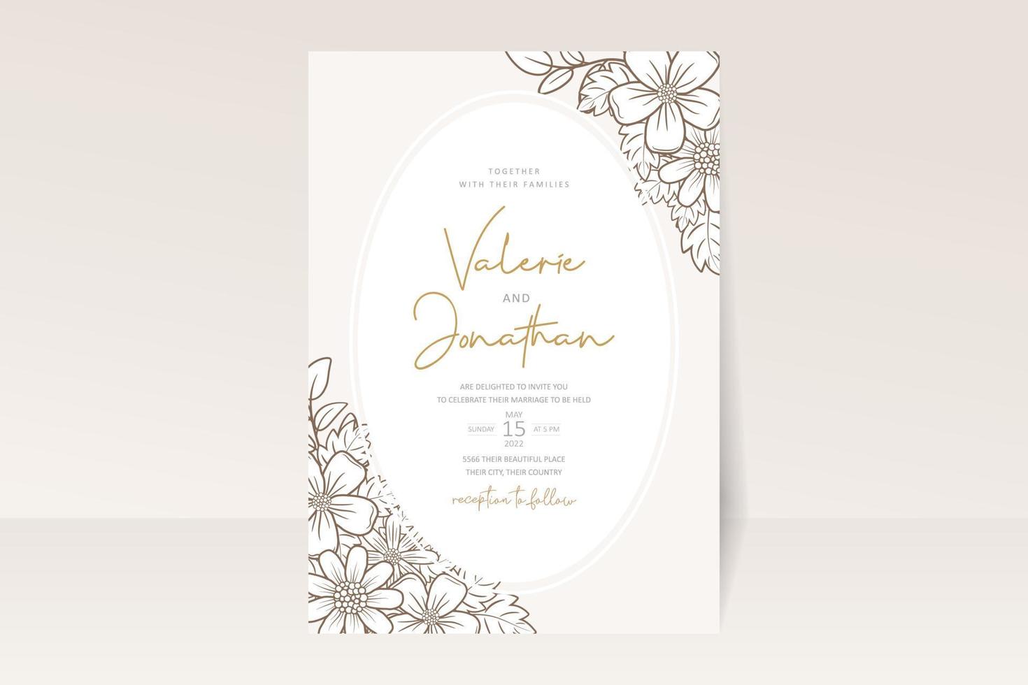 Wedding invitation template with floral outline decoration vector