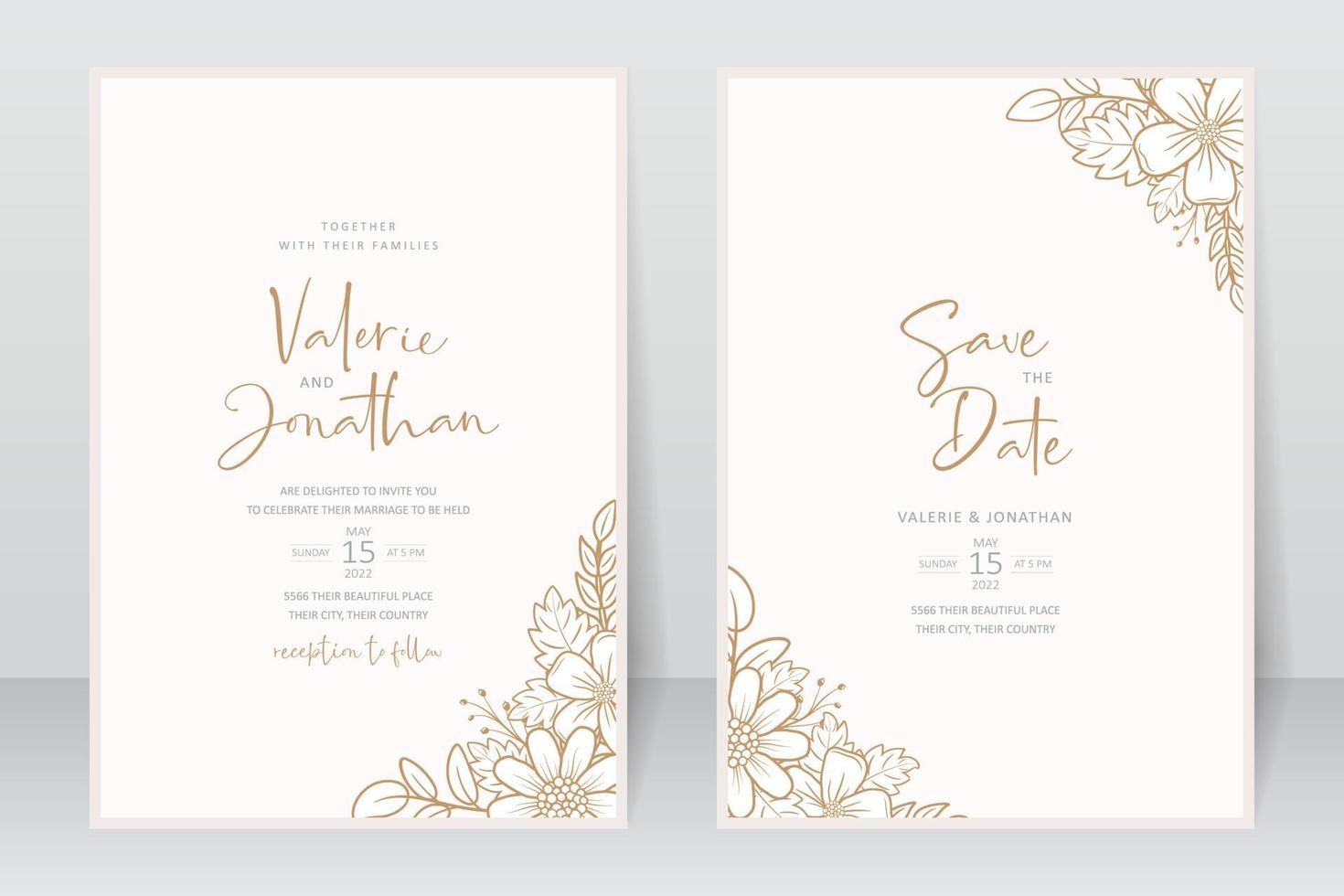 Wedding invitation template with floral outline decoration vector