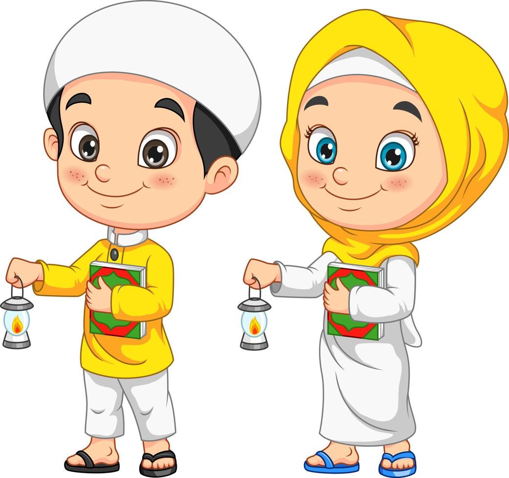 Cartoon muslim kids holding Quran book with islamic lantern vector