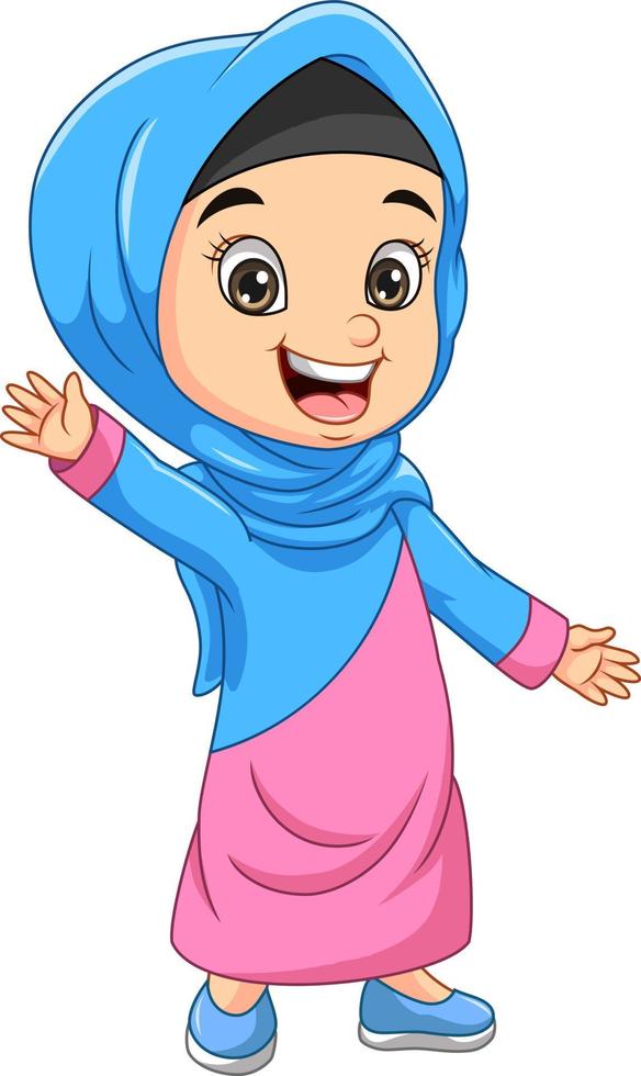 Happy muslim girl cartoon waving hand vector
