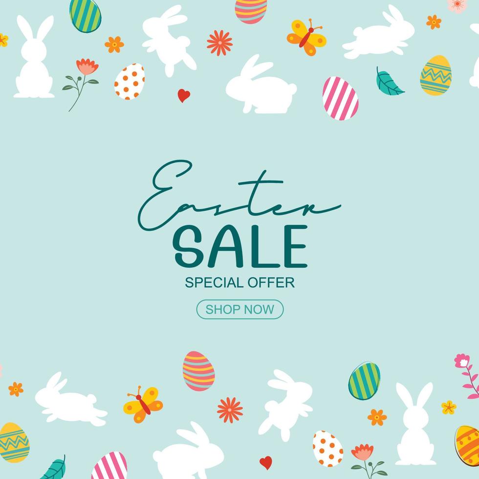 Easter sale banner design template with colorful eggs and flowers. Use for social media, advertising, flyers, posters, brochure, voucher discount. vector