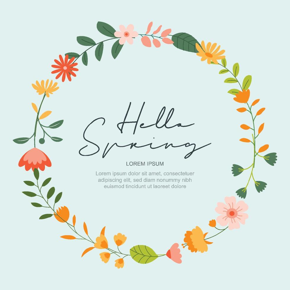 hola plantilla de fondo de banner de primavera con flores de colores. se puede usar tarjeta de medios sociales, cupón, papel tapiz, volantes, invitación, carteles, folleto. vector