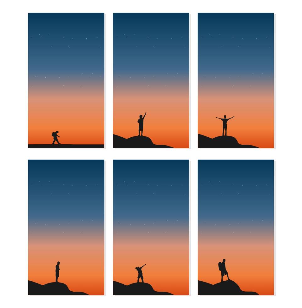 Set of Traveler standing on top of a mountain with sunset background vector