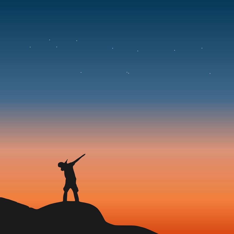 Traveler standing on top of a mountain with sunset background vector