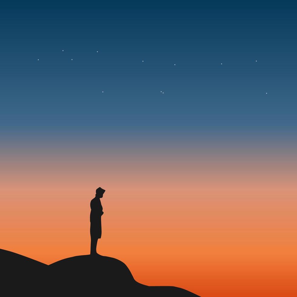 Traveler standing on top of a mountain with sunset background vector