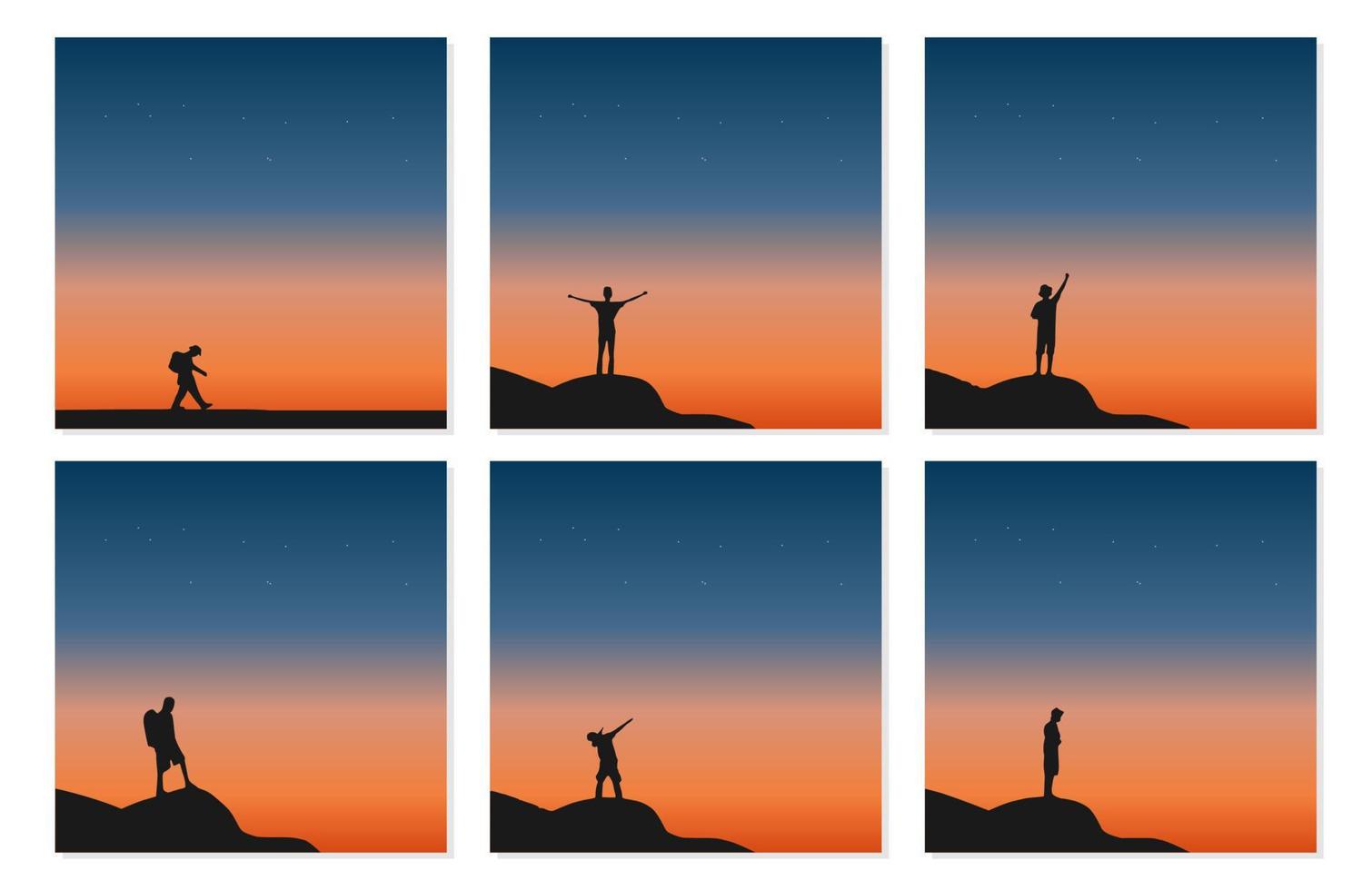 Set of Traveler standing on top of a mountain with sunset background vector