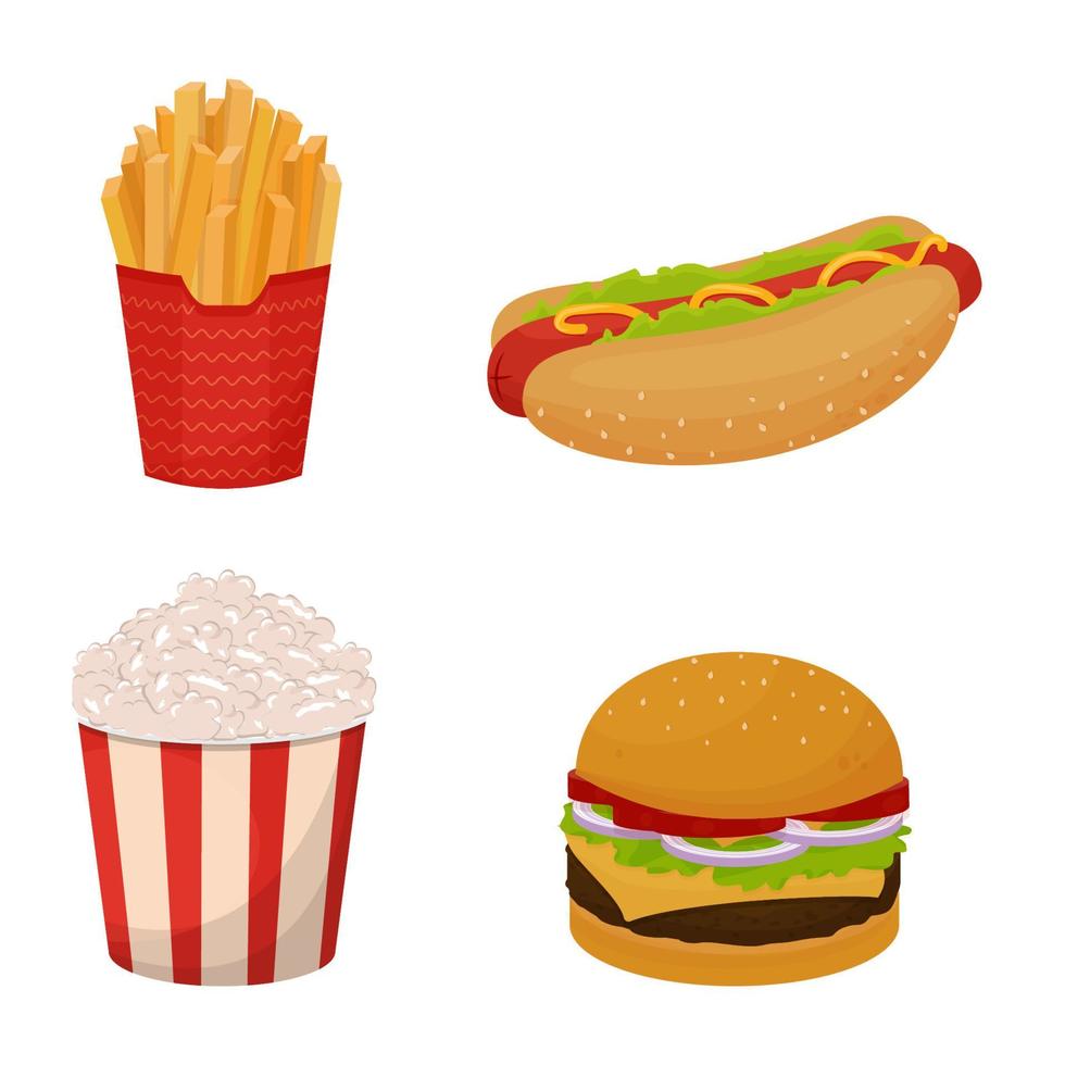 Set of detailed fast food. Collection of French fries, popcorn, hotdog, burger isolated on white background. . Vector illustration