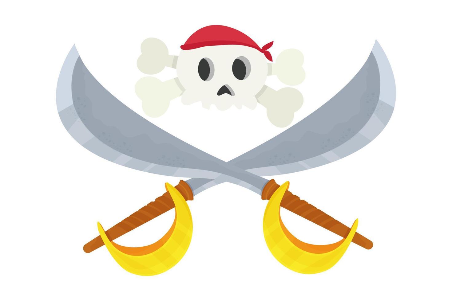 Pirate skull in bandana and crossed swords, sabers in cartoon style isolated on white background. Dangerous symbol, funny emblem. Ui game asset. Vector illustration