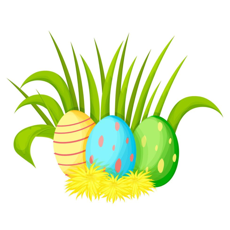 Easter eggs decorated with grass and dandelion flowers in cartoon style isolated on white background. Spring clip art, nestling. new life. Vector illustration