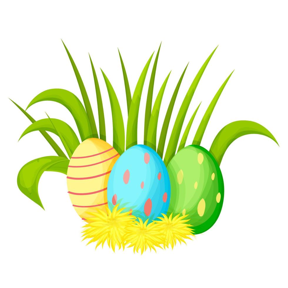 huevos de pascua decorados con hierba y flores de diente de león en estilo de dibujos animados aislados en fondo blanco. imágenes prediseñadas de primavera, enclavado. nueva vida. ilustración vectorial vector