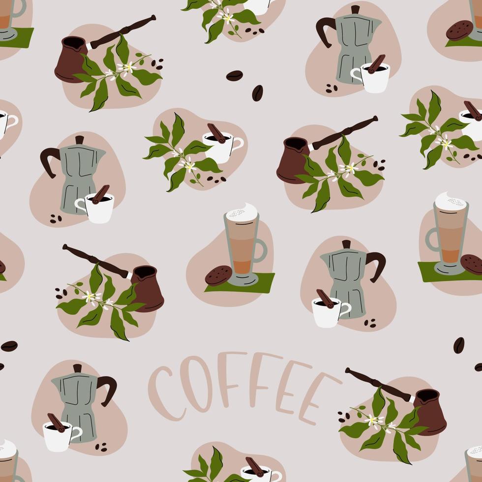 Seamless pattern with coffee drinks, barista tools, coffee beans vector