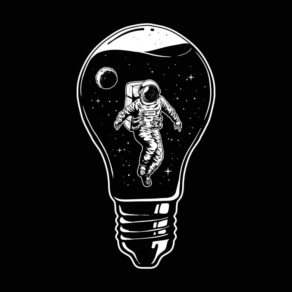 astronaut flies inside a light bulb vector