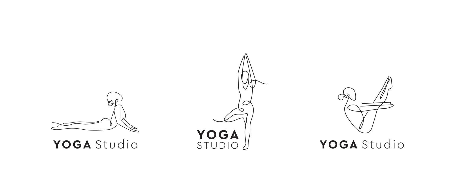 conjunto de logotipos de estudio de yoga. signo de una línea. logotipo del centro de pilates. símbolo vectorial asana. vector